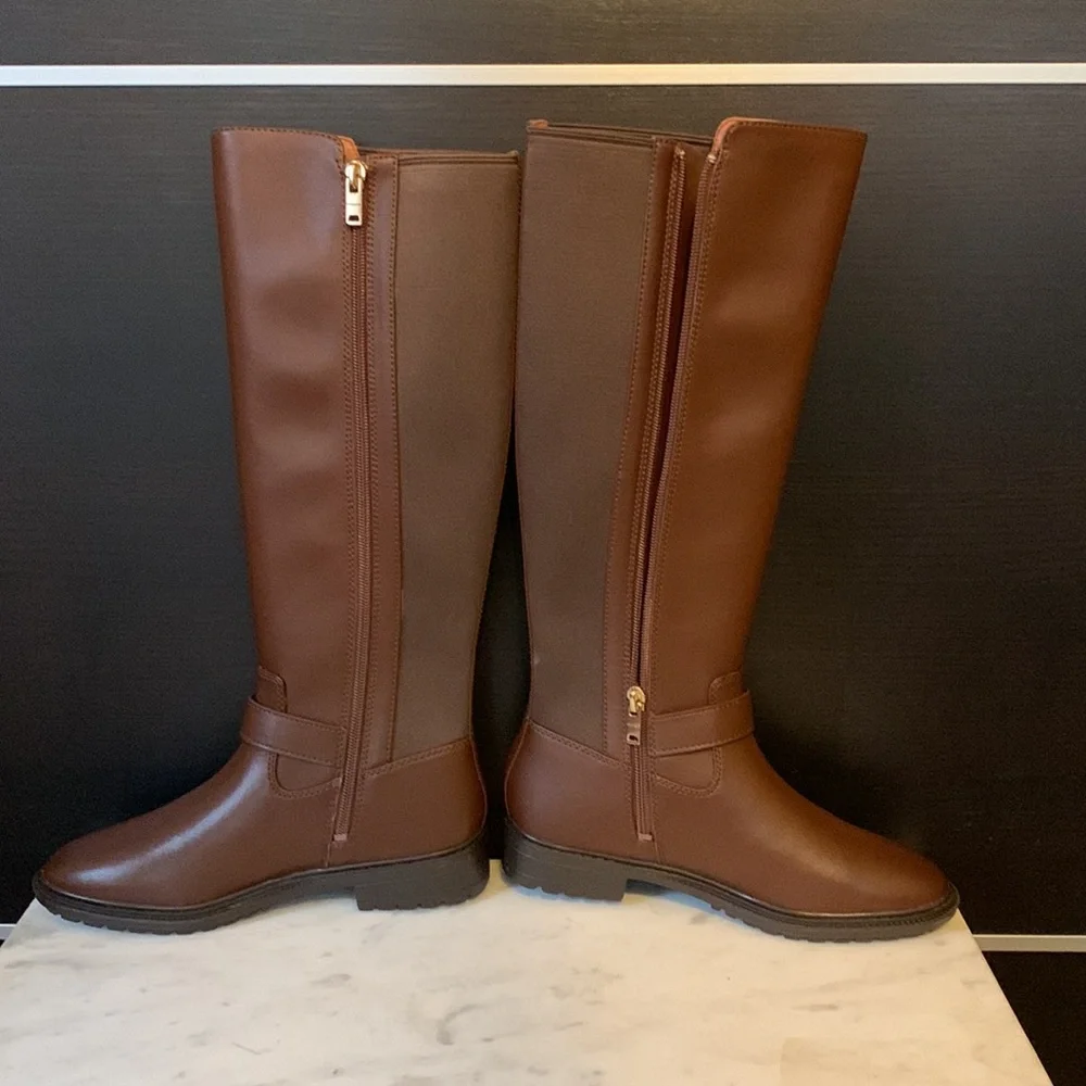 Coach Farrah Logo Buckle Tall Riding Boots in Brown